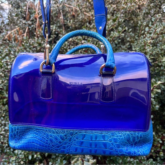 Furla Handbags - Furla Blue Patent & Embossed Croc-Textured Shoulder Bag